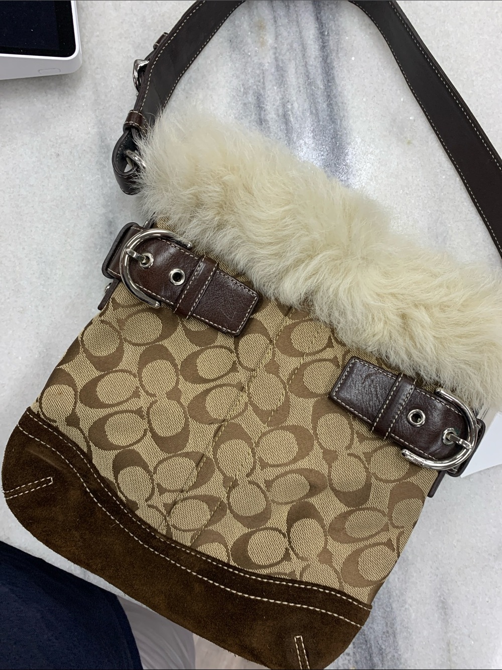 Coach Tan & Brown Signature Jacquard Fur-Trim Shoulder Bag - Picture 10 of 12